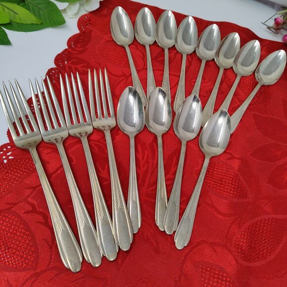 16 Forks N Spoons Vtg National Silver Plated Art Deco Wheat Stalk 12 Teaspoons - Picture 3 of 14